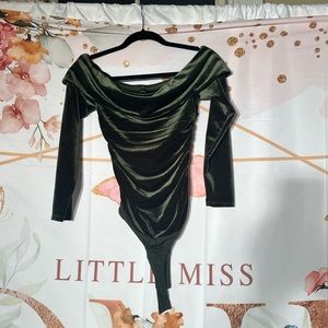 Purchased from revolve off the shoulder velvet dark green bodysuit